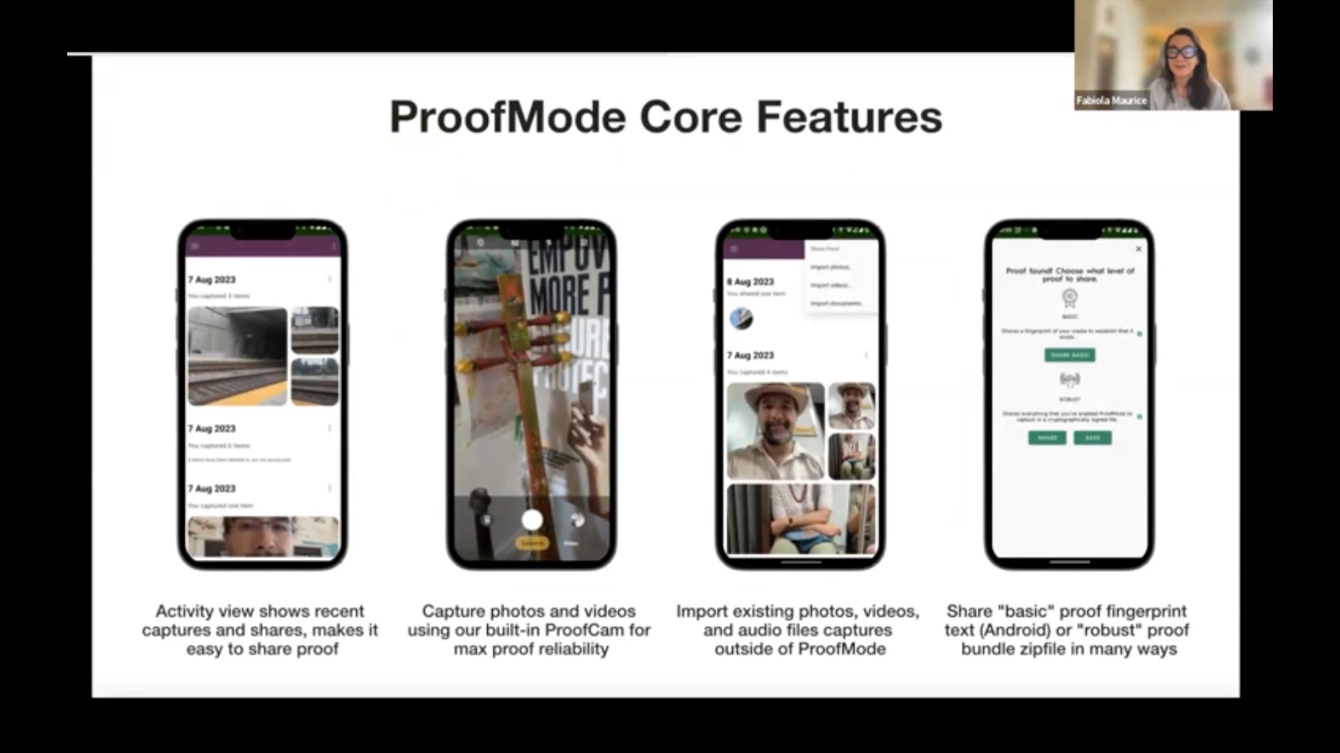 Pciture shows ProofMode Core Features as explained during the Thomson Foundation workshop